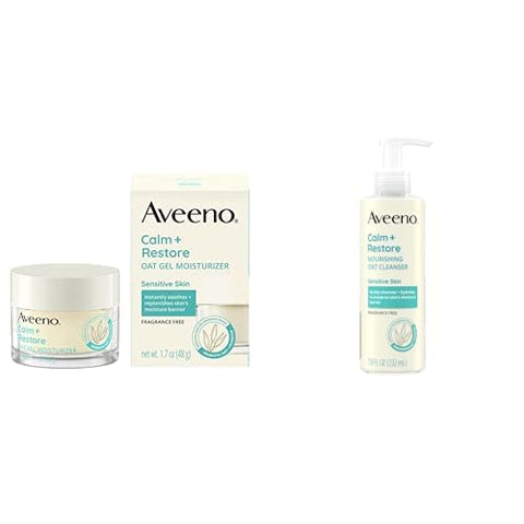 Bundle of Aveeno Calm + Restore Oat Gel Facial Moisturizer for Sensitive Skin, Fragrance-Free & Hypoallergenic, 1.7 oz + Aveeno Calm + Restore Nourishing Oat Cleanser, Fragrance-Free 7.8 fl oz