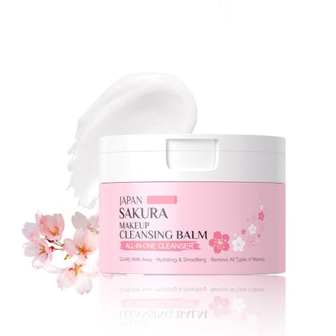 Cleansing Balm Makeup Remover with Japan Sakura Extracts, Hyaluronic Acid, Nourishing Melting Cleanser, Non-Greasy, Cleanses, Removes Makeup & Moisturizes Skin, All-in-One Facial Cleanser
