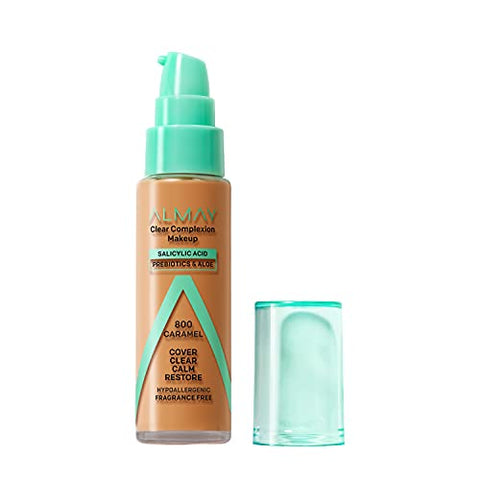 Almay Clear Complexion Acne Foundation Makeup with Salicylic Acid, Medium Coverage, Soft Matte Finish, Hypoallergenic, Cruelty- & Fragrance-Free, Dermatologist Tested, 800 Caramel, 1 fl oz