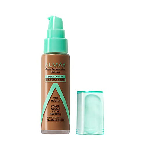 Almay Clear Complexion Acne Foundation Makeup with Salicylic Acid, Medium Coverage, Soft Matte Finish, Hypoallergenic, Cruelty- & Fragrance-Free, Dermatologist Tested, 910 Mocha, 1 fl oz