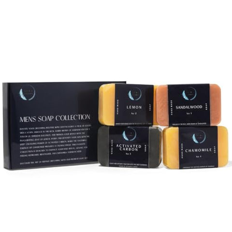 Mens Bar Soap Pack of 4 - Sandalwood, Lemon, Activated Carbon & Chamomile Scented Natural Soap for Men - 5.3oz Bar - Exfoliating Soaps for Men Body, Hand, Face - Male Soaps Gift Set