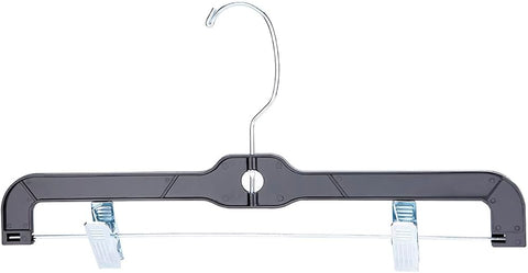 Sswbasics Black Plastic Skirt and Pants Hangers with Clips, 14 in | Anchored chrome swivel hooks and padded metal clips hold up to 6 lbs, ideal for lightweight clothing and everyday use.