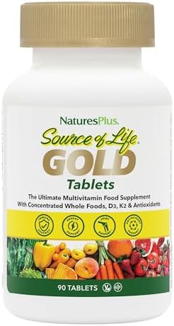 NaturesPlus Source of Life GOLD Multivitamin - 90 Tablets - With Vitamins D3, B12 & K2 - Blood, Bone & Immune Support - Vegetarian & Gluten Free - 30 Servings