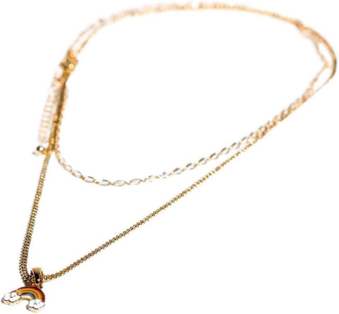 Charming Charlie 2-Layered Gold-Plated Necklace - Chain Link and Curb Chain with Rainbow Pendant - Women's Simply Radiant Layered Necklace for Everyday Elegance.