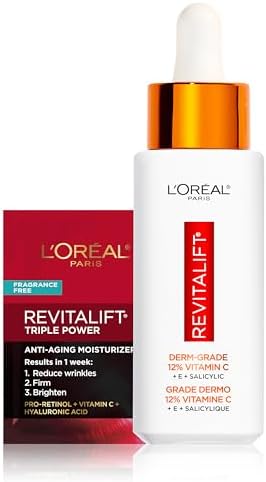 L'Oreal Paris Revitalift 12% Pure Vitamin C Serum, Brightening Serum For Face with Vitamin E, Salicylic Acid, 1 oz + Moisturizer Sample - Personal Care