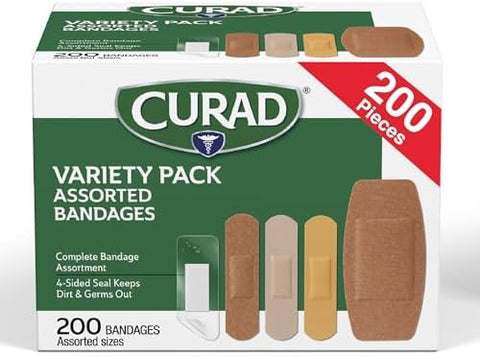 CURAD Assorted Adhesive Bandages, 4-Sided Seal, Variety Pack, 200 Count, 1 Pack