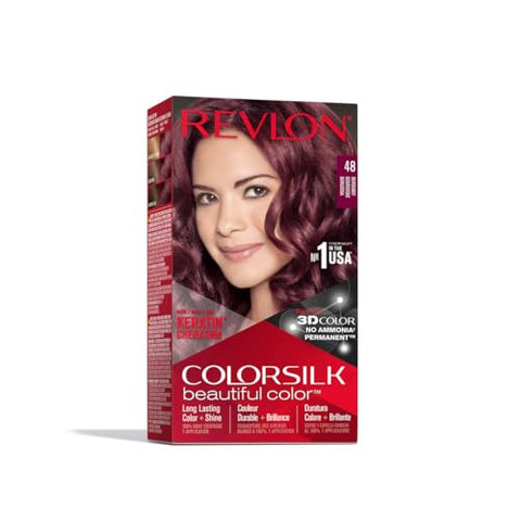 Revlon Colorsilk Beautiful Color Permanent Hair Color with 3D Gel Technology Keratin 100 Gray Coverage Hair Dye, 48 Burgundy, 1 Count - Personal Care