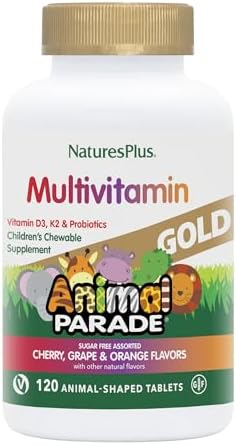 NaturesPlus Animal Parade Gold Children's Multivitamin - Assorted Cherry, Orange & Grape Flavors - 120 Chewable Animal-Shaped Tablets - Vegetarian, Gluten Free - 60 Servings