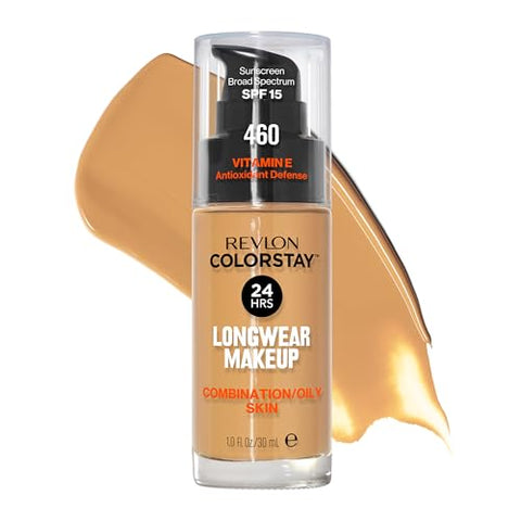 Revlon Liquid Foundation, ColorStay Face Makeup for Combination & Oily Skin, SPF 15, Medium-Full Coverage with Matte Finish, Macadamia (460), 1.0 oz - Personal Care