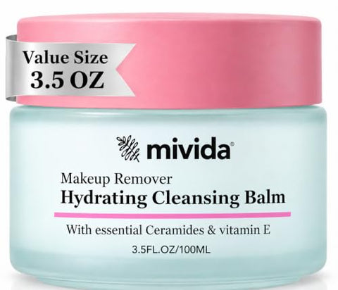 Mivida Makeup Melting Cleansing Balm, Waterproof Makeup Remover with Ceramides, Vit E & Hyaluronic-Acid, Hydrating and Gentle Cleanser for Norished Skin, value Size 3.5 fl oz