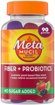 Metamucil Fiber Gummies for Adults with Probiotics for Bloating Relief, No Sugar Added Strawberry Kiwi BlackBerry Flavors, 5g Prebiotic Plant Based Fiber Supplement Blend, 90 Count