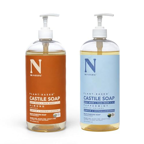 Castile Liquid Soap Kit by Dr. Natural for Unisex - 2 Pc Kit 32oz Liquid Soap - Peppermint, 32oz - Almond - Personal Care