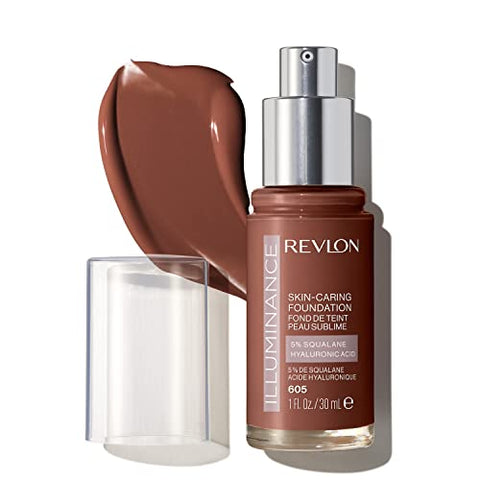 Revlon Illuminance Skin-Caring Liquid Foundation, Hyaluronic Acid, Hydrating and Nourishing Formula with Medium Coverage, 605 Rich Mahogany, 1 fl oz - Personal Care