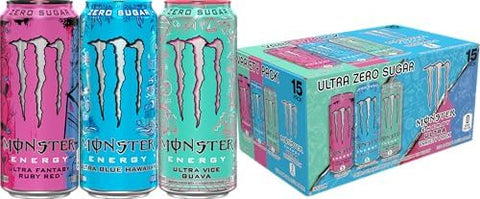 Monster Energy Ultra Variety Pack, Blue Hawaiian, Vice Guava, Fantasy Ruby Red, Sugar Free Energy Drink, 16 Ounce Can (Pack of 15)