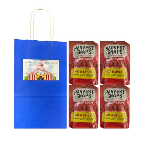 Big Top Deals USA Blue Paper Bag with Harvest Snaps Veggie Chips Crunchy Loops, Hot & Spicy, (5.25x3.2x8) – Custom Bundle by Big Top Deals USA, Snack - Candy - Snacks