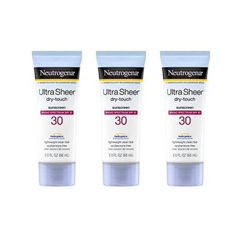 Neutrogena Ultra Sheer Dry-Touch Sunscreen Lotion, Broad Spectrum SPF 30 UVA/UVB Protection, Oxybenzone-Free, Water Resistant, Non-Comedogenic, Non-Greasy, Travel Size, 3 fl. oz, Pack of 3