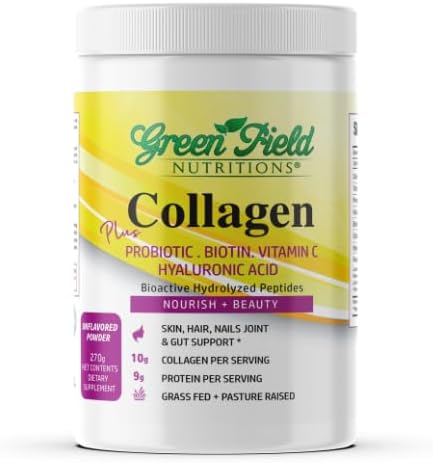 Greenfield Nutritions Halal Collagen Peptides Powder - 9g Halal Protein Probiotic, Biotin, Hyaluronic Acid & Vitamin C - 277g Halal Collagen for Women & Men - Supports Hair, Skin, Nails, Joints & Gut