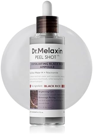 Dr.Melaxin Peel Shot Black Rice Exfoliating Ampoule, Face Exfoliator with AHA BHA Niacinamide Rice Bran Water, Blackhead Remover, Pore Minimizer, Brightening Glass Skin Serum, Korean Skin Care, 2.7 oz