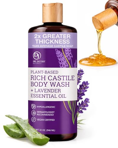 Dr. Jacobs Naturals Pure Castile Soap Liquid Body Wash, Lavender - Plant Based Soap Infused with Vitamin E and Aloe Vera to Moisturize Dry and Sensitive Skin - Made in The USA - 32 oz