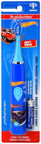 Brush Buddies Hot Wheels Battery Powered Sonic Electric Kids Toothbrush Soft Bristles Rounded Head Children Boys Girls Blue Gentle Cleaning Easy Grip Handle Plaque Removal Oral Care