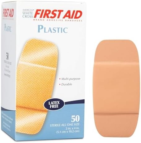 American White Cross 261846 First Aid Plastic Adhesive Bandages, Latex Free Bandages, Large Strips, 2" Width, 4" Length, Pack of 50