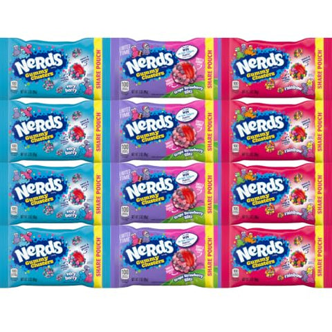 Variety Pack Nerds Gummy Clusters Candy, Grape Strawberry Blitz, Very Berry & Rainbow, 3 oz Pouches, 12 Pack, 4 Each Flavor, Individually Wrapped Share Size