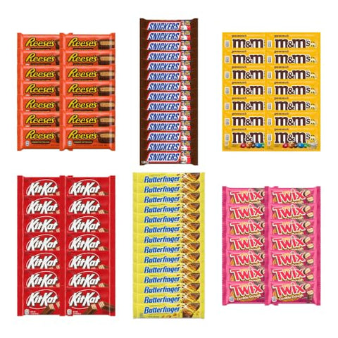 Big TOP DEALS USA 84 Piece Candy Variety Pack with 14 Reese's Cups, 14 Snickers, 14 M&M's Peanut, 14 Kit Kat, 14 Butterfinger and 14 Twix Cookie Dough - Individually Wrapped Party and Halloween Bundle