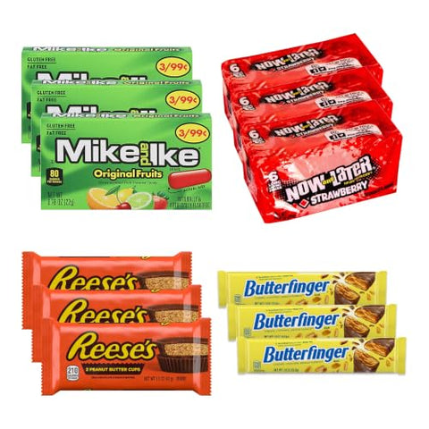 Big TOP DEALS USA 24 Count Candy Variety Pack, 6 Each Mike and Ike Original Fruits, Now and Later Strawberry, Reese's Peanut Butter Cups, Butterfinger - Individually Wrapped, Fruity Chewy Candy