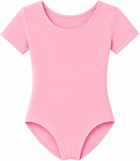 Moret Kids Girls' Ballet and Dance Short Sleeve Leotard - Classic Cotton Stretch Studio Practice Outfit for Gymnastics Recitals and Performance, Pink, Small