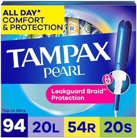 Tampax Pearl Tampons for Women Multipack, with LeakGuard Braid, Light/Regular/Super Absorbency, Unscented, 94 Count (2 Packs of 47) (Packaging May Vary)