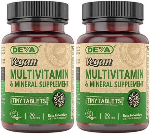 DEVA Tiny Tablets Vegan Multivitamin for Women & Men 2-Pack with Iron, Vitamin C, E, B Complex Vitamins, Zinc, 90 Tablets Each