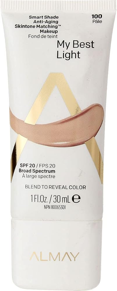 Almay Anti-Aging Foundation, Smart Shade Face Makeup, Medium Coverage, Natural Finish with SPF 20, Hypoallergenic-Fragrance Free, Dermatologist Tested, 100 My Best Light, 1 Oz