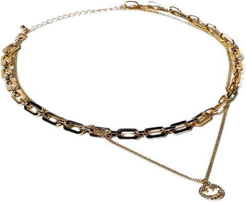 Charming Charlie 2-Layered Gold-Plated Choker Necklace - Chain Link Choker and Curb Chain with Smiley Face Pendant - Women's Simply Radiant Layered Necklace for Effortless Elegance.