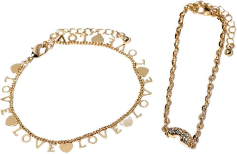 Charming Charlie Set of Two Gold-Plated Adjustable Bracelets: LOVE Initial and Rainbow Pendant - Stackable Bracelet Set for Women.