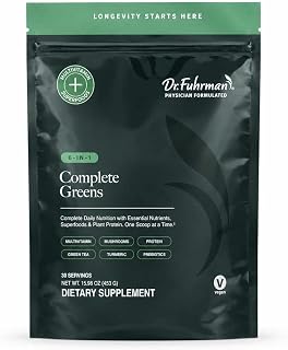 Dr. Fuhrman Whole Food Greens Powder | Premium Greens Superfood Powder Multivitamin | Plant Based Protein for Immune Support & Gut Health | Organic Mushrooms, Greens, & Turmeric | Vitamin B12, D3, K2