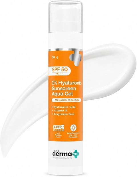 The Derma Co 1% Hyaluronic Sunscreen Aqua Gel with SPF 50 & PA++++ | Broad Spectrum UVA/B & Blue Light Protection | Lightweight & Quick Absorbing with Vitamin E | 1.76 Oz/50g