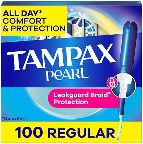 Tampax Pearl Tampons Regular Absorbency, with Leakguard Braid, Unscented, 50 Count x 2 Packs (100 Count Total) (Packaging May Vary)