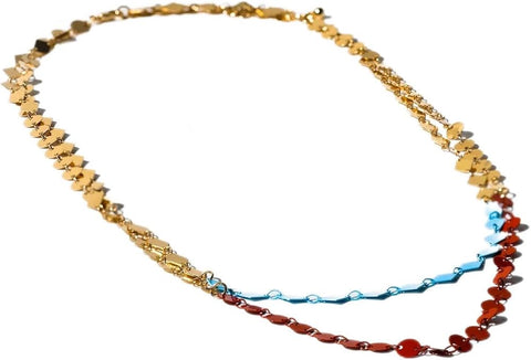 Charming Charlie 2-Layered Gold-Plated Beaded Chain Necklace - Blue Diamond Shape and Orange Circle Charms - Women's Radiant Layered Necklace for Distinctive Elegance.
