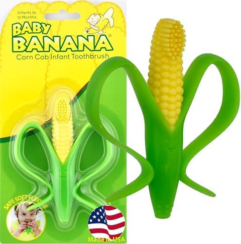 Baby Banana® Corn Cob Toothbrush Teether, Infant to Toddler, Butter-Soft Silicone, USA, No Micro-Plastics or Latex Rubber, Sensory Toy, Bendable, Family-Owned Business Since 2009.