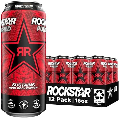 Rockstar Punched Energy Drink, Fruit Punch, 16 Fl Oz (Pack of 12) (Packaging May Vary)