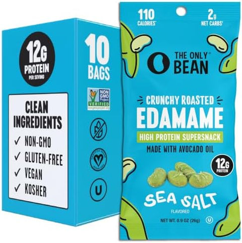 The Only Bean Crunchy Dry Roasted Edamame Snacks (Sea Salt), Healthy High Protein(12g) Keto Food, Low Carb Gluten Free Office Vegan Food 100 Calorie Snack Pack, 0.9oz 10 Pack