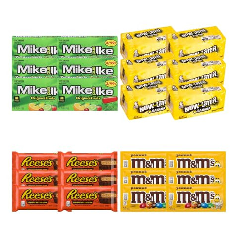 Big TOP DEALS USA 24 Count Candy Variety Pack, 6 Each Mike and Ike Original Fruits, Now and Later Banana, Reese's Peanut Butter Cups, M&M's Peanut - Individually Wrapped, Fruity Chewy Candy