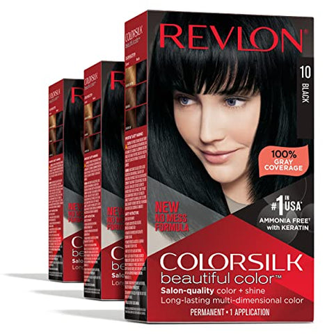 Revlon Permanent Hair Color, Permanent Hair Dye, Colorsilk with 100% Gray Coverage, Ammonia-Free, Keratin and Amino Acids, 10 Black, 4.4 Oz (Pack of 3)