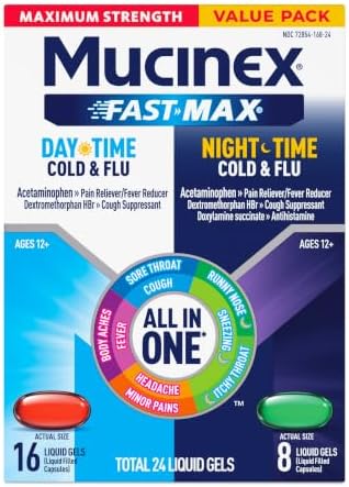 Mucinex Fast-Max Maximum Strength Day & Night Cold and Flu Medicine for Adults, Powerful Over-the-Counter Medication for Cold & Flu Symptoms, Fast Dissolving Liquid Gels, 24 Count