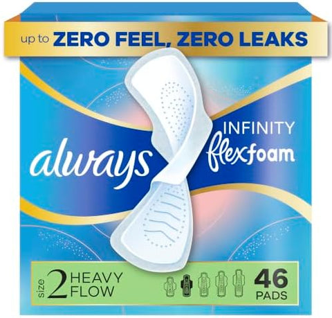Always Infinity Feminine Pads for Women, Flexfoam Pads with Wings, Size 2, Heavy Absorbency, Unscented, 46 Count - Personal Care