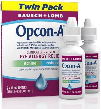Opcon A Allergy Eye Drops, Antihistamine and Redness Relief for Itchy, Red Eyes, Soothes Irritation from Pollen, Ragweed, Grass, Animal Hair and Dander Clinically Proven Formula, 0.5 Fl Oz (Pack of 2)