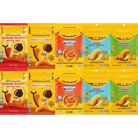 Chickpea Puffs Variety Pack, Blazin' Hot, Cheezy Vibes, Pizza Party, Groovy White Cheddar & Jalapeno Cheddar Blaze, 10 Pack - Personal Care