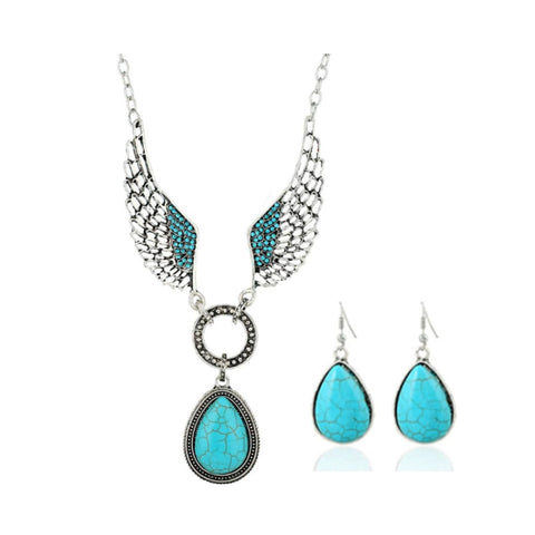 Big TOP DEALS USA Turquoise Jewelry Wings Teardrop Pendant Vintage Necklace and Earring Set – Bohemian Western-Inspired Women’s Jewelry – Elegant Design for Casual and Formal Wear