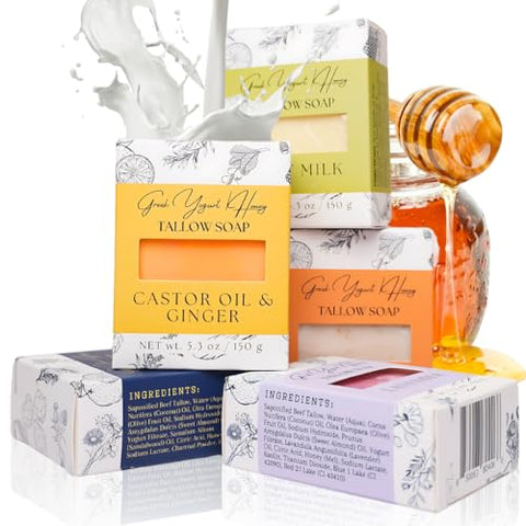 Greek Yogurt & Honey Tallow Soap Bar - Cold pressed handmade natural soap bars for face & body | Charcoal, Lavender, Oat & Honey, Castor Oil & Ginger, Goat Milk for Men and Women, 5 oz