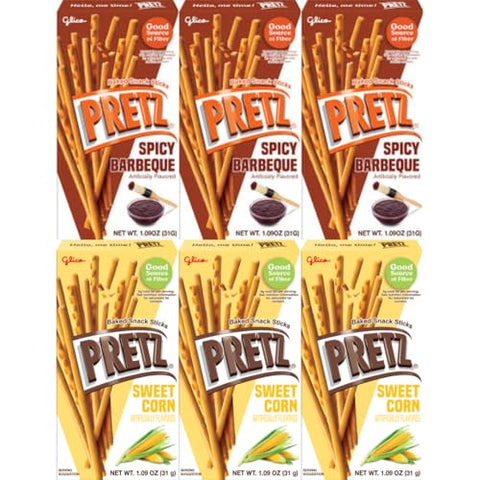 Baked Snack Sticks Variety Pack, 6 Pack of 1.09 oz Each, Crunchy and Savory Pretzel Snacks in Spicy Barbeque and Sweet Corn Flavors, Perfect for Kids, Adults, School, Work, or Travel